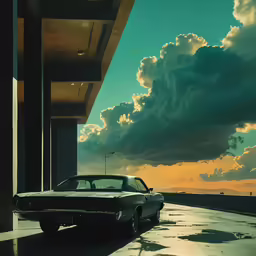 a very nice car by a large building