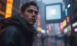a man in the city in heavy rain