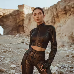 woman posing in black and gold mesh outfit