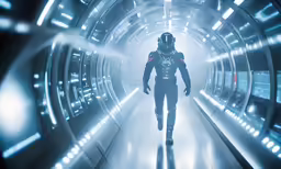 a man wearing an astronaut outfit walks through a tunnel