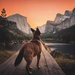 a dog looking at a beautiful lake from a wooden deck