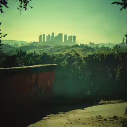 a city skyline sitting in the middle of a green hillside