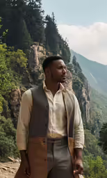 a man in grey and brown clothes stands on a mountain