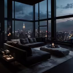 a living room with large windows, lit up with candles