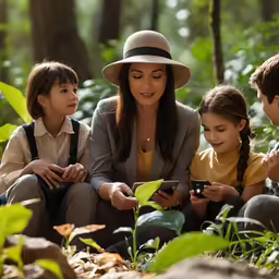 three girls and a man on a trail checking something on a cell phone