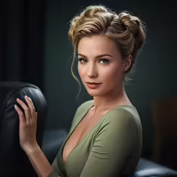 a woman sitting on top of a black chair