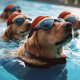 a dog wearing goggles, swimming in a pool