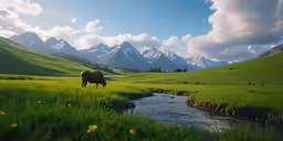 a cow stands alone near a stream in the mountains