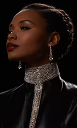 a black woman wearing some silver and white earring designs