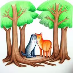 drawing of cats and dog in the woods next to some trees