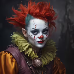 a clown with red hair and blue eyes