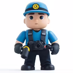 a boy dressed in blue and carrying a camera