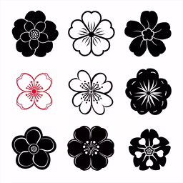 a set of eight flower silhouettes,several types of flower shapes in black and white