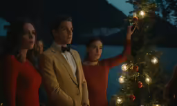 people standing around a christmas tree with lights
