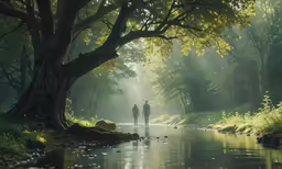 two people walking in the forest near a stream