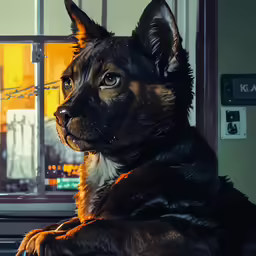 a dog sitting next to a window and staring