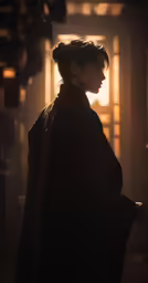 a woman with a dark coat looking away from the camera