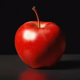 an apple with a single stem is photographed