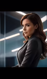 an attractive woman in a suit standing by a glass wall