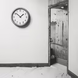 a clock on the wall behind an open door