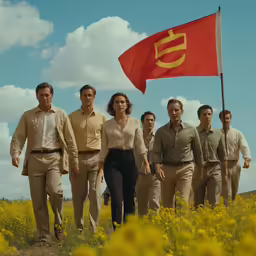 many people are walking in the grass and there is a red flag