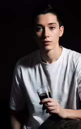 a boy sitting down holding a cup of coffee