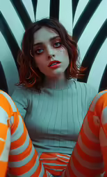 a female in a striped dress and orange socks