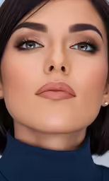 anusha alam on a grey background with a brown lip and black eyebrows