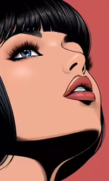 a girl with black hair and blue eyes stares up