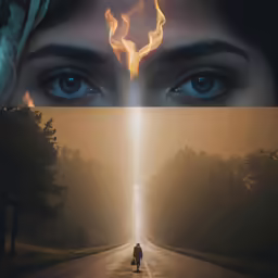 two images, one of a man with blue eyes and the other of a woman with the fire light on her head