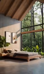 a bed sitting under a window next to green plants
