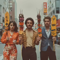 two men and a women holding yellow flowers while posing for a photo