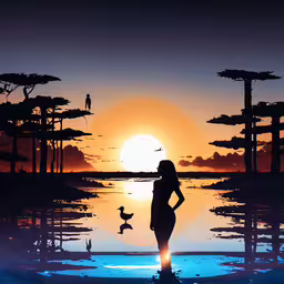 a silhouetted person in front of a sunset and birds,a lady standing next to some ducks at sunset