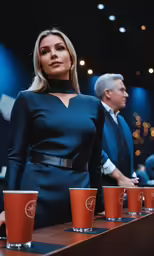 a woman is sitting on the stage with four cups of coffee