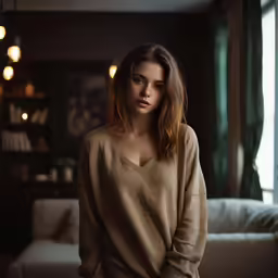 the woman stands next to a couch looking at her cellphone