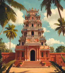 an old style building sits among palm trees