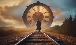 man in trench coat standing on train tracks in front of clock