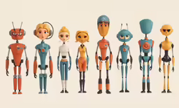 some animated people wearing blue and orange