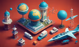 a futuristic, colorful photo has a bunch of vehicles in it,an orange and blue design that looks like a plane flying around a building