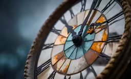 a large, rusted clock is shown in close up