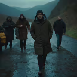 a group of people walking down the road