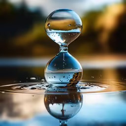 an hourglass with water droplets floating inside it