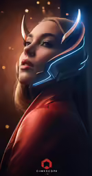a woman in a red coat posing with horns on her head