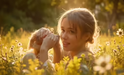 a woman in a field of daisies holds her hands together