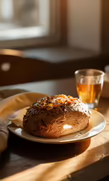 the bread is sitting on the plate beside a glass of beer