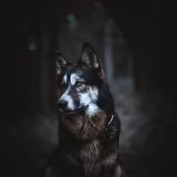 a dog looks intently at the camera in a dark, shadowy forest