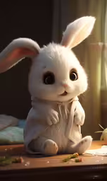 a cute white rabbit stuffed into the middle of a table,a white rabbit sitting on top of a table