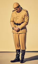 a man in a suit and hat looking down while holding his hand on his hip