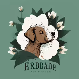 the dog is featured on a green background and has flowers in its mouth