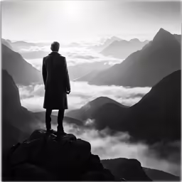 the man in the coat stands on top of a mountain